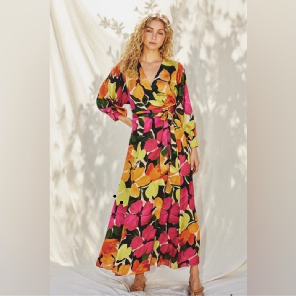 Yellow and Pink Long Sleeve Wrap Sundress